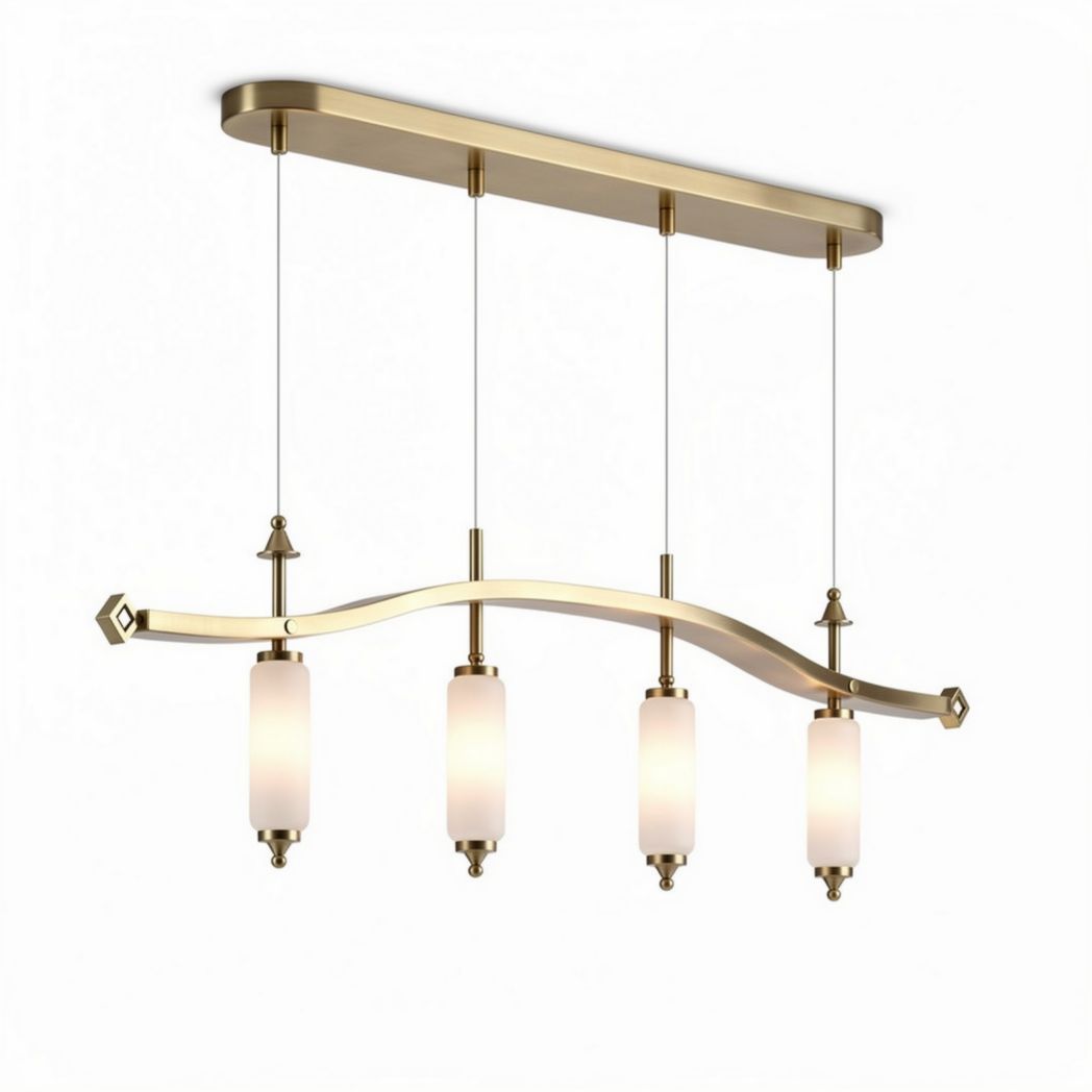 Suspension en métal doré avec quatre lampes à verre opalin 45 x 15 x 25cm