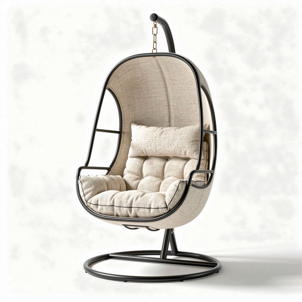 Fauteuil suspendu en métal noir et tissu crème 120 x 90 x 150cm