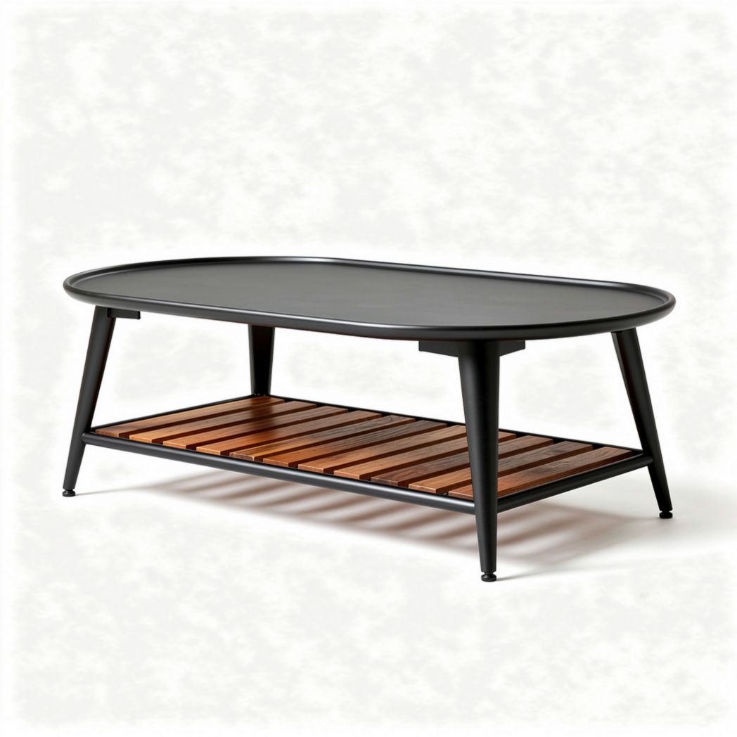 Table basse ovale en métal noir et bois avec étagère 120 x 60 x 45cm