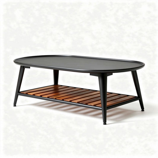 Table basse ovale en métal noir et bois avec étagère 120 x 60 x 45cm