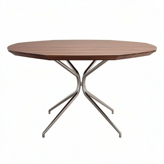 Table ronde en bois brun et métal acier inoxydable 120 x 120 x 75cm