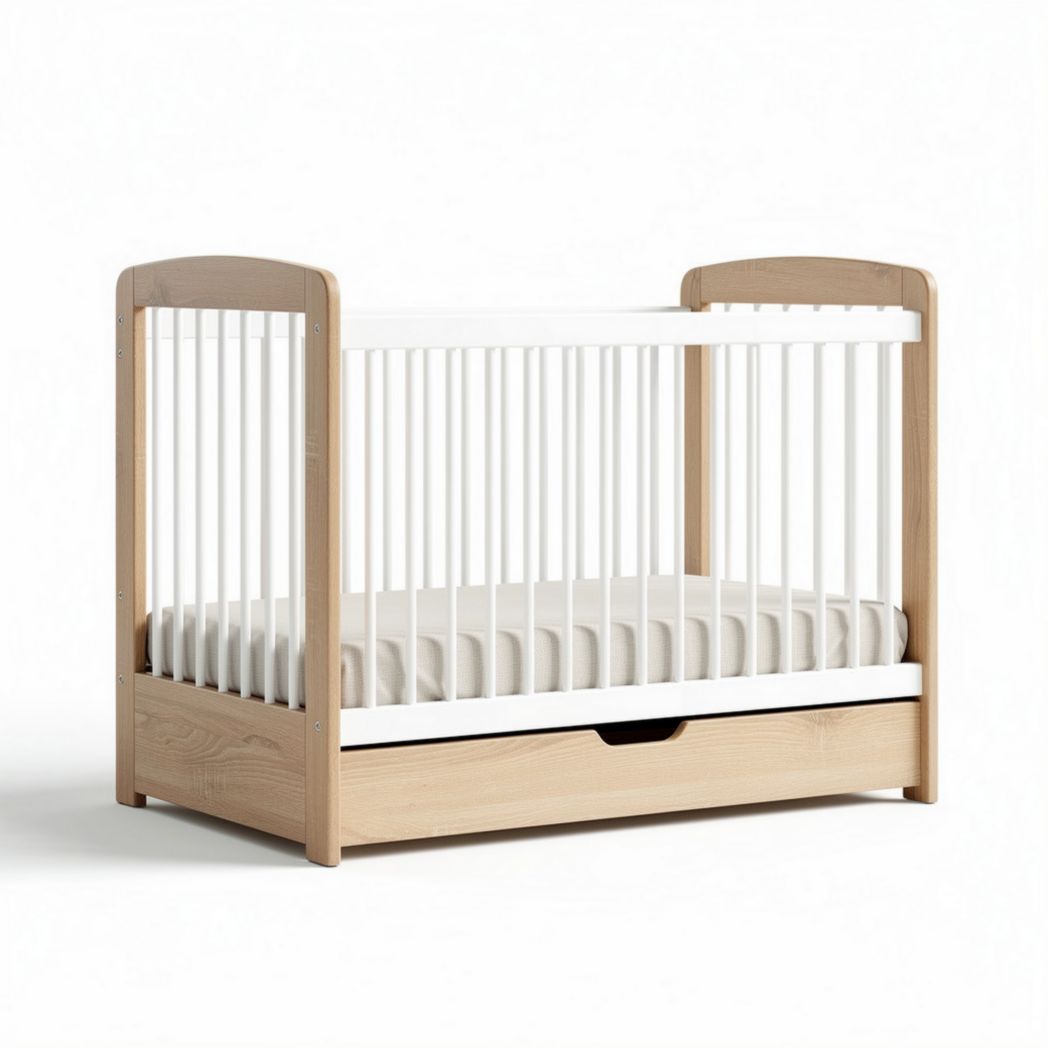 Lit bébé en bois naturel avec matelas 120 x 60 cm et tiroir de rangement