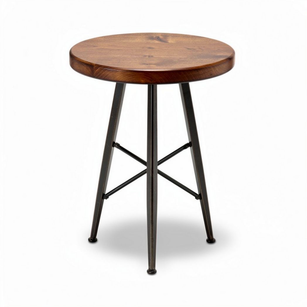 Table d'appoint ronde en bois brun de 30 x 30 x 45cm avec pieds en métal noir